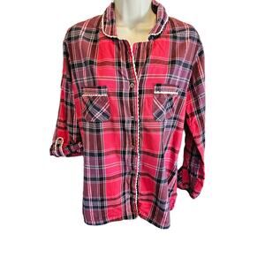 Victoria's Secret roll tab sleeve large flannel button up night top hot pink ^*